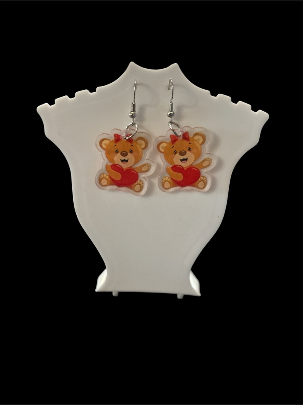 Teddy Bear Heart Dangle Earrings - Red & Tan